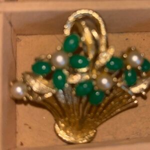Antique Elegant Gold and Green Floral basket Brooch